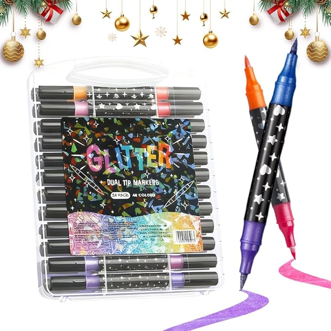 Colors Dual Tip Glitter Gel Pen Set, 2025 Upgrade Fiber Tips Smooth Sparkle Paint Markers Pen for Adults Coloring, Shimmer Metallic Glitter Markers for DIY Crafts Christmas Cards Making (24)