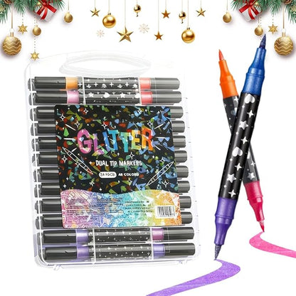 Colors Dual Tip Glitter Gel Pen Set, 2025 Upgrade Fiber Tips Smooth Sparkle Paint Markers Pen for Adults Coloring, Shimmer Metallic Glitter Markers for DIY Crafts Christmas Cards Making (24)
