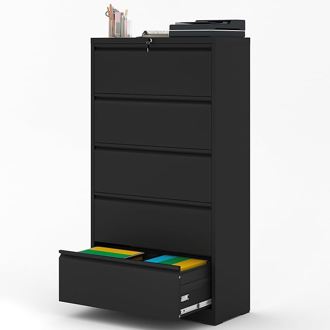 File Cabinet with Lock, 5 Drawer Lateral Filing Cabinet for Home Office, Black Metal Heavy Duty File Cabinets for Hanging Letter/Legal/F4/A4 Size Files, Assembly Required
