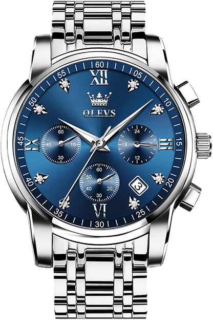 OLEVS Men's Stainless Steel Chronograph Watch, Big Face Gold Silver Black Tone Easy to Read Analog Quartz Watch, Luxury Waterproof Date Diamond Roman Arabic Numerals Dial Dress Watch for Men