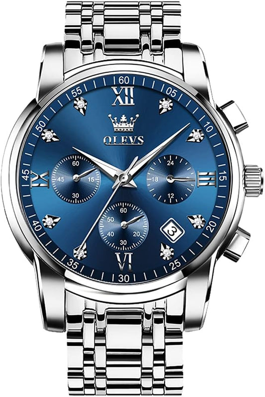 OLEVS Men's Stainless Steel Chronograph Watch, Big Face Gold Silver Black Tone Easy to Read Analog Quartz Watch, Luxury Waterproof Date Diamond Roman Arabic Numerals Dial Dress Watch for Men