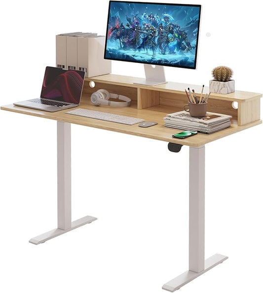 2-Tier Height Adjustable 45" Electric Standing Desk - Upgraded Ultra Durable Home Office Large Rectangular Computer Table or Laptop Sit Stand Workstation - Maple