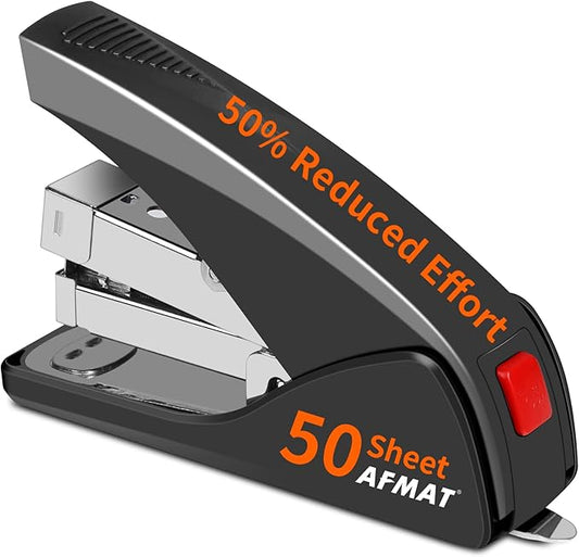 AFMAT 50-Sheet Desktop Stapler | One-Finger Ergonomic Stapler with Built-In Remover