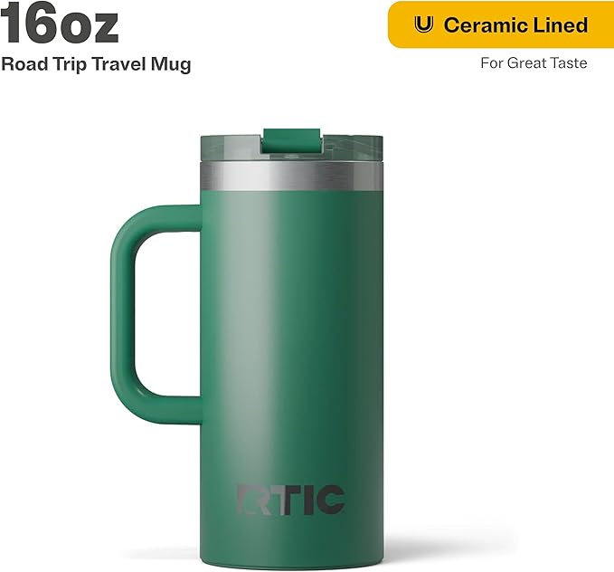 RTIC 16oz Road Trip Travel Mug with Lid and Handle, Ceramic Lined, Insulated, Stainless Steel, Metal, Double Wall Vacuum-Insulation, Portable Coffee, Tea Cup for Hot and Cold Drink, Pine Tree