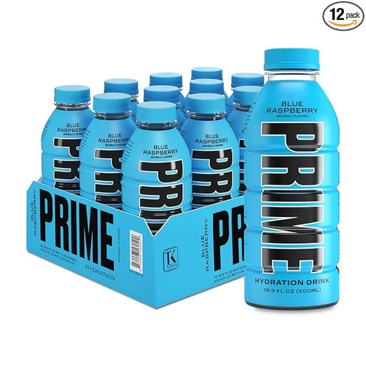 PRIME Hydration BLUE RASPBERRY, Sports Drinks, Electrolyte Enhanced for Replenishing Fluids, 250mg BCAAs, B Vitamins, Antioxidants, Low Sugar, 16.9 Fl Oz, 12 Pack