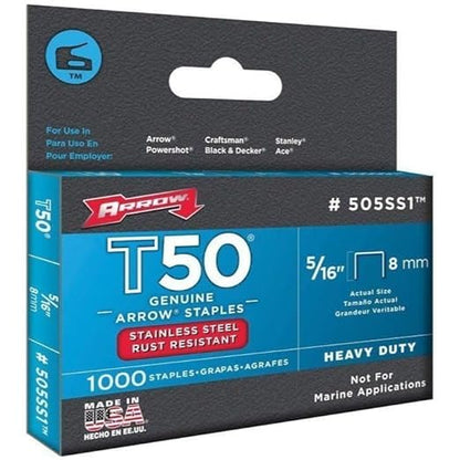 Arrow Fastener 505SS1 Heavy Duty T50 Stainless Steel Staples for Upholstery, Construction, Furniture, Crafts, 5/16-Inch Leg Length, 3/8-Inch Crown Size, 1000-Pack, Made in the USA
