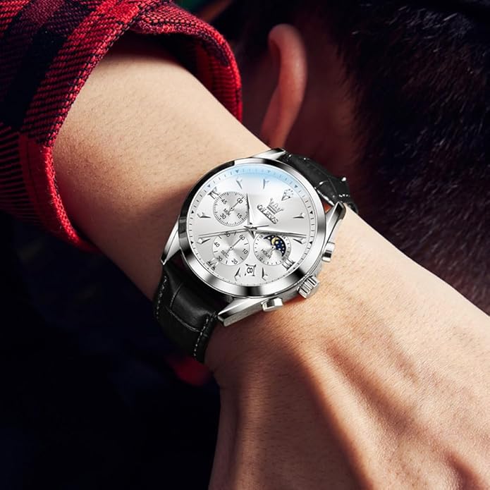 OLEVS Men's Leather Analog Quartz Watch - Luxury Chronograph Wristwatch With Date, Waterproof, Luminous - Dress Style
