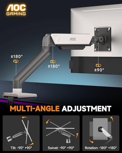 AOC AM102 Single Monitor Stand, Adjustable Monitor Arm Mount for 17–32 Inch Screens, Holds 4.4–19.8 lbs, Cable Management, Sturdy VESA 75x75/100x100 Mount with C-Clamp and Grommet Base