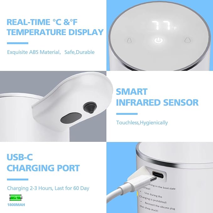 Automatic Soap Dispenser Touchless, 15.55 oz/460mL USB C Rechargeable Hand Sanitizer Dispenser with Auto Clean, 5 Adjust Volume,°C&℉ Display, Waterproof Pump for Bathroom Kitchen (White-Liquid)