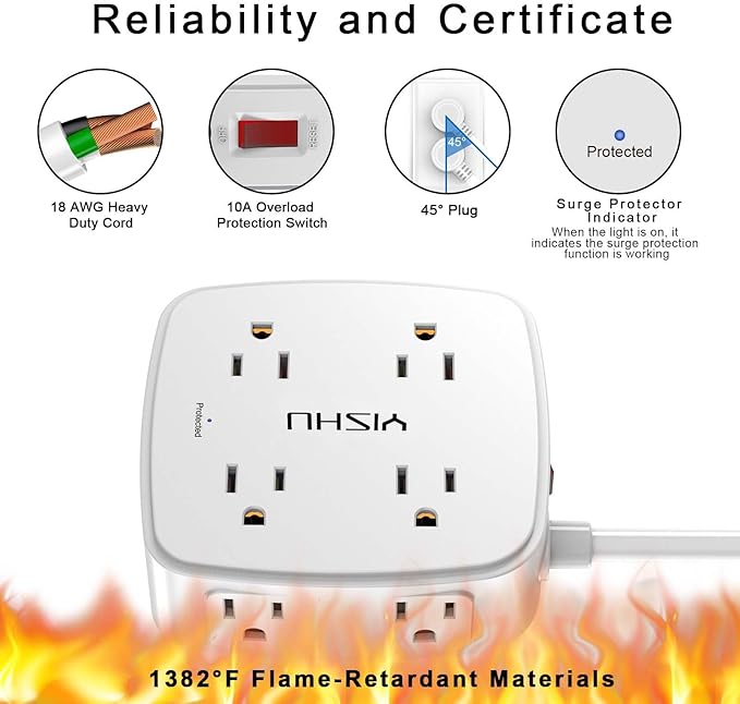 15 Ft Surge Protector Power Strip - 8 Widely Outlets with 4 USB Ports, 3 Side Outlet Extender with 15 Feet Extension Cord, Flat Plug, Wall Mount, Desk USB Charging Station, ETL, White