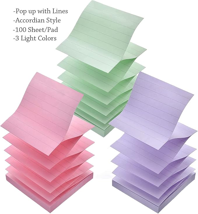 Lined Pop Up Sticky Note 3x3 inch, 6 Pack Accodian Stlye Self-Sticky Notes with Lines, Light Green Pink Purple Color, 100 Sheet/Pad Easy Post