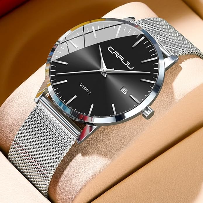 CRRJU Men's Minimalist Casual Luxury Auto Date Watches Fashion Business Japan Movement Quartz Waterproof Wristwatches for Men Stainsteel Steel Band Watch