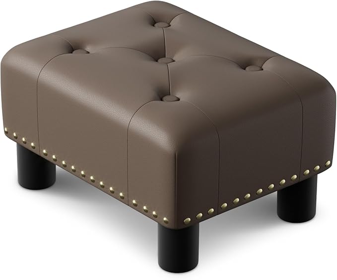 Athena Collection Small Ottoman Foot Rest with Legs, PU Leather Ottoman Foot Stool with Soft Padded seat, Square Footstool FootRest for Living Room, Bedroom, Office, Brown