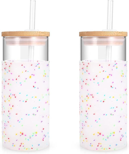 Tronco 20 oz Glass Tumbler with Lid and Straw, Iced Coffee Cup and Smoothie Cup with Bamboo Lids & Protective Silicone Sleeve, Dishwasher Safe, BPA-Free, Glass Cup 2 Pack
