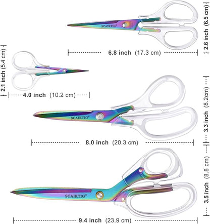 Acrylic Scissors, 4-Pack (9.4"/8"/6.8"/4"), Clear Comfort-Grip Handles, Titanium Coated Blades, Sharp, Heavy Duty, Ambidextrous, Transparent + Rainbow