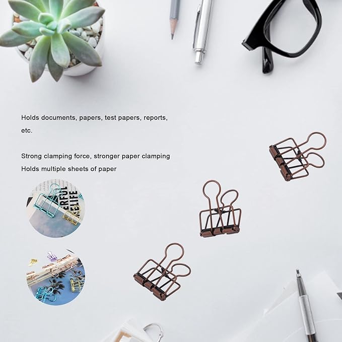 Clips 32mm Metal, 50 Pieces Strong Clamping Force, Hollow Design, Bronze - Assorted Sizes, Medium Shaped Paper Clips, Cute Office and School Supplies (Purple Bronze)