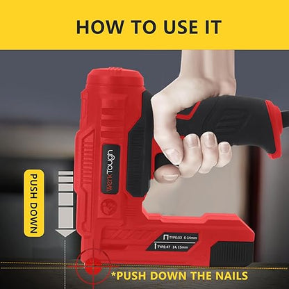 Werktough Electric Brad Nailer Staple Gun 2 in 1 Good for Home Decoration Leather and Carpentry 3000pcs Free Nails and Staples (T50 Staples:12mm,14mm Each 1000pcs, 18GA Brad Nails:14mmx1000pcs)-Red