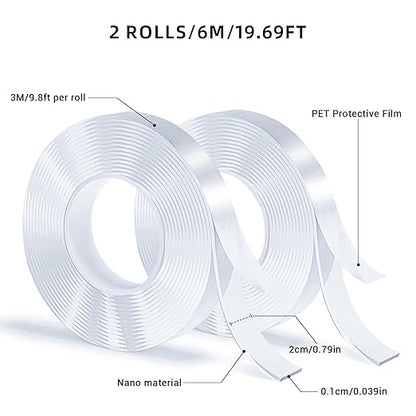 Double-Sided Adhesive Tape, Nano Tape, Transparent Adhesive Tape, Traceless Adhesive Tape, Removable, Washable, Reusable, Suitable for Carpets, Photo Walls, 3m Per Roll, 2 Rolls