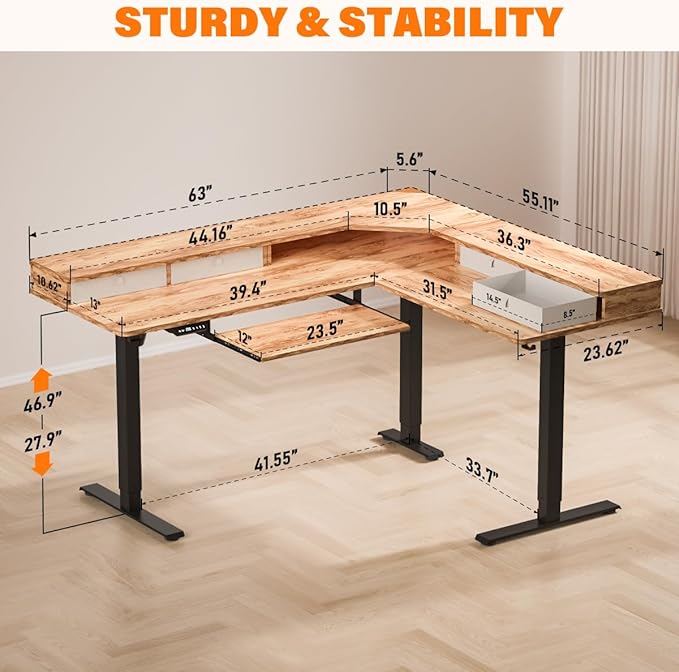 Kingant 63″x55″ L Shaped Electric Standing Desk with A/C Charging Port & Storage, Height Adjustable Corner Computer Gaming Table, Home Office Sit Stand Up Desk & Cable Management, Light Rustic Brown