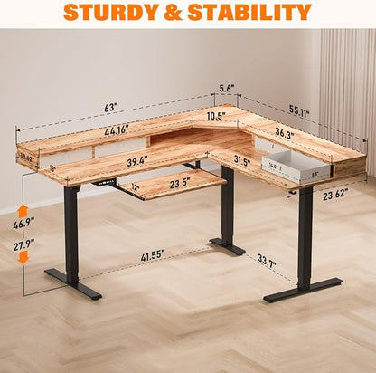 Kingant 63″x55″ L Shaped Electric Standing Desk with A/C Charging Port & Storage, Height Adjustable Corner Computer Gaming Table, Home Office Sit Stand Up Desk & Cable Management, Light Rustic Brown