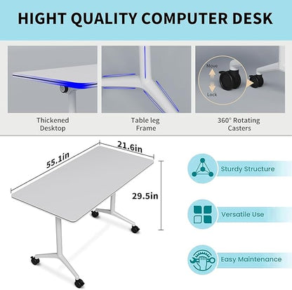 Folding Conference Table, Rectangular Conference Room Tables, Mobile Modular Training Table, Solid Steel Frame,Thickened Panel,for Schools,Meeting Room and Offices (6PCS, 55in)