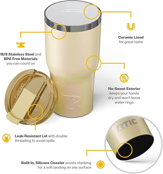 RTIC 30oz Essential Tumbler with Lid, Ceramic Lined, Insulated, Stainless Steel, Metal, Double Wall Vacuum-Insulation, Travel Cup for Iced Coffee, Tea, Hot and Cold Drink, Sunlight Glitter