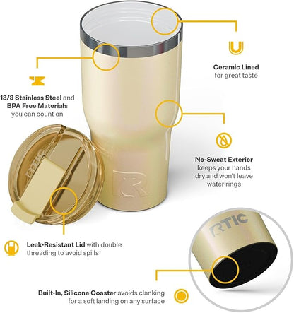 RTIC 30oz Essential Tumbler with Lid, Ceramic Lined, Insulated, Stainless Steel, Metal, Double Wall Vacuum-Insulation, Travel Cup for Iced Coffee, Tea, Hot and Cold Drink, Sunlight Glitter