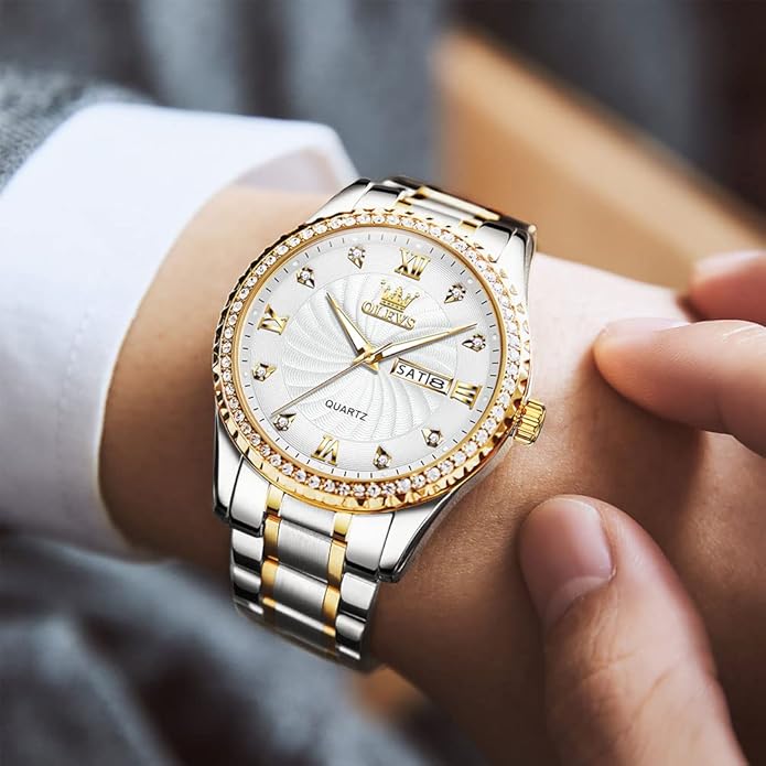 Men's Casual Stainless Steel Watch, Big Face Easy to Read Analog Quartz Watch with Day and Date, Classic Waterproof Diamond Roman Arabic Numerals Dial Dress Watch for Men, Gold Silver Black Band