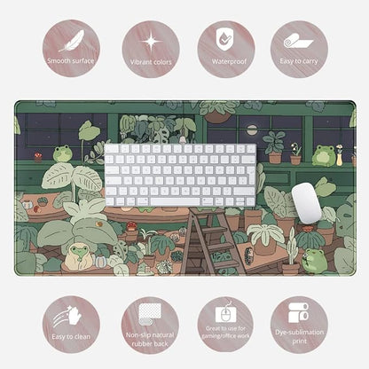 Cute Frog Kawaii Green Desk Decor Mat, Large Gaming Mouse Pad for Computer Keyboard Laptop, Home Office Accessories for Girl (31.5x15.7 in)-with Stitched Edges Pad