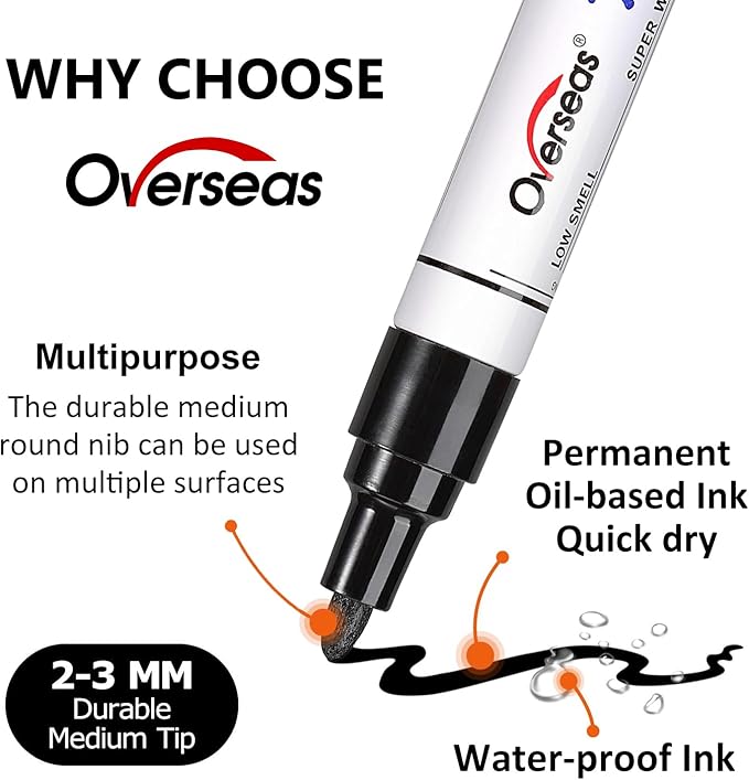 Overseas Paint Pens Paint Markers, 6 Colors Oil Based Permanent Markers, Medium Tip, Quick Dry and Waterproof Assorted Color Marker Pen for Metal, Wood, Plastic, Rock, Canvas, Glass, Rubber