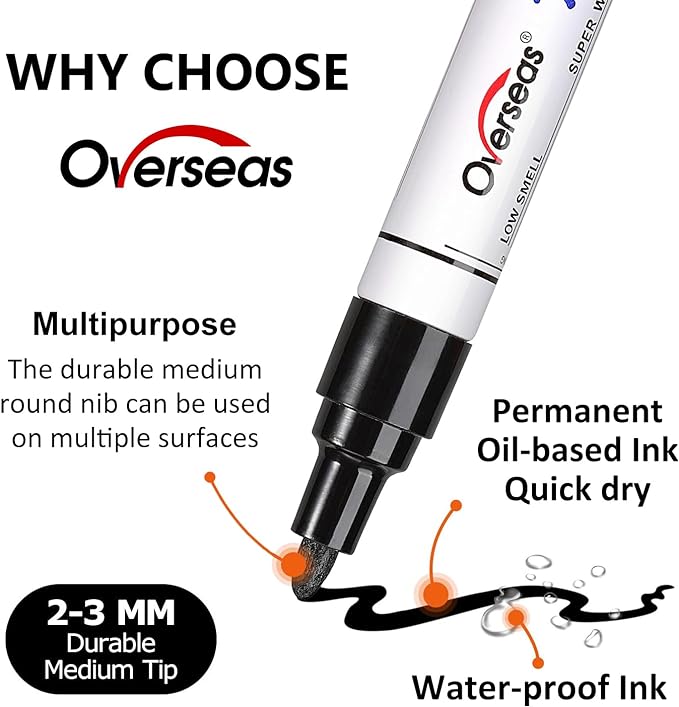 Overseas White Paint Pens Permanent Markers 24 Pcs, Oil Based Paint Markers Set, Quick Drying, Waterproof, Medium Tip Marker Pens for Metal, Rock, Wood, Plastic, Canvas, Glass, Stone, Rubber, Paper