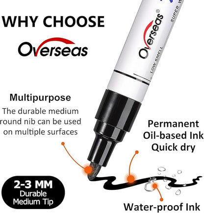 Overseas Silver Paint Pens Permanent Markers 24 Pcs, Oil Based Paint Markers Set, Quick Drying, Waterproof, Medium Tip Marker Pens for Metal, Rock, Wood, Plastic, Canvas, Glass, Stone, Rubber, Paper