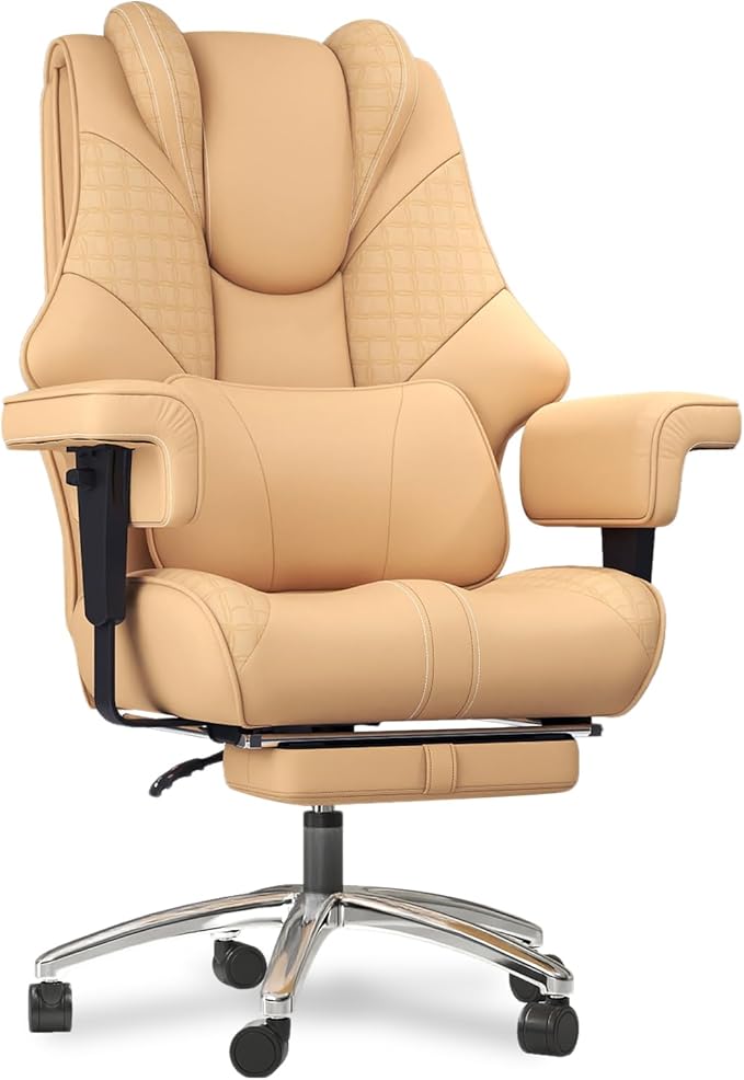 600lbs Big and Tall Office Chair - Wide Ergonomic Leather Executive Chair with Footrest, Lumbar Support & Swivel Wheels (Brown)