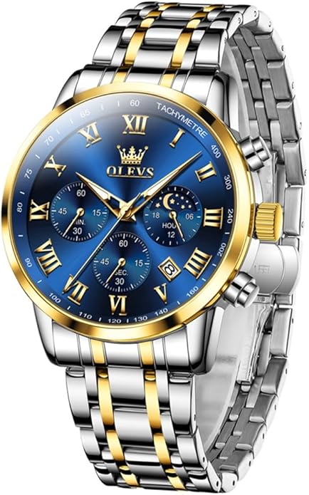 OLEVS Mens Stainless Steel Chronograph Watch, Big Face Roman Numerals Date Analog Quartz Dress Watches for Men, Fashion Multifunctional Waterproof Luminous Hands Men's Wristwatch