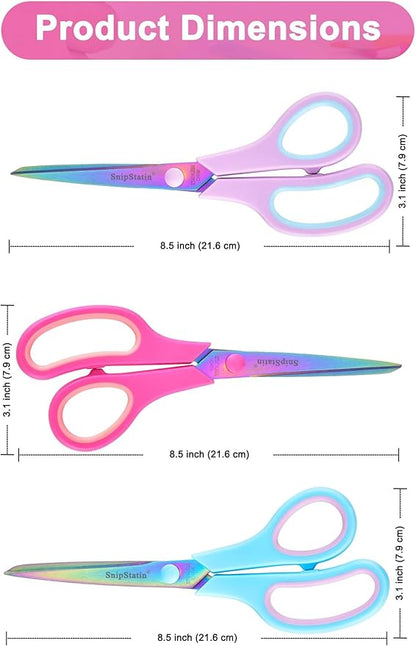 8.5" Multipurpose Office Scissors Heavy Duty, Titanium Coating Sharp Blades, Ergonomic Semi-Soft Rubber Grip, Scissors All Purpose for Sewing, School, Fabric, Art Craft Supplies, 3-Pack
