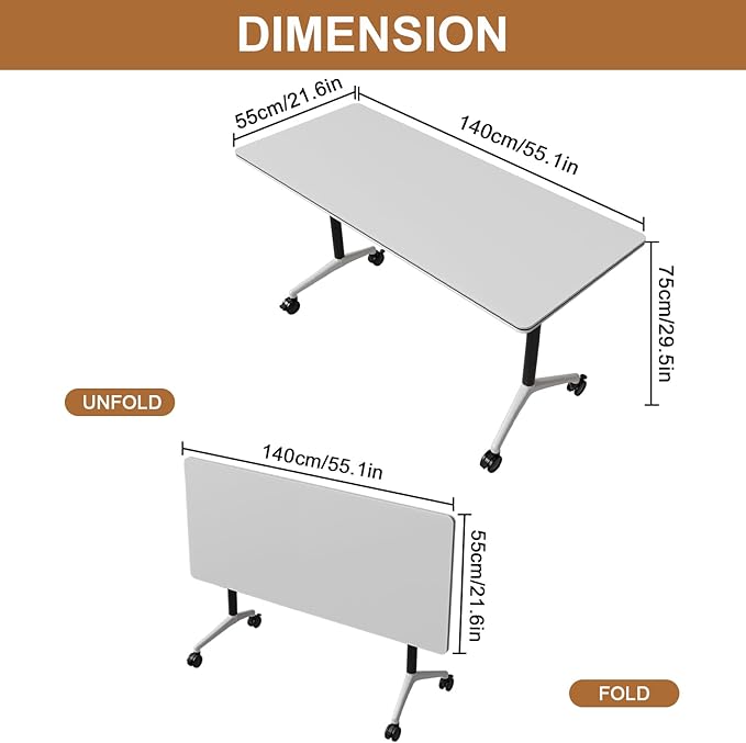 Folding Conference Table, Conference Room Tables Foldable Large Meeting Seminar Table on Wheels,Flip Top Boardroom Training Tables for Office, Classroom,Meeting (10, White2, 55.1in)