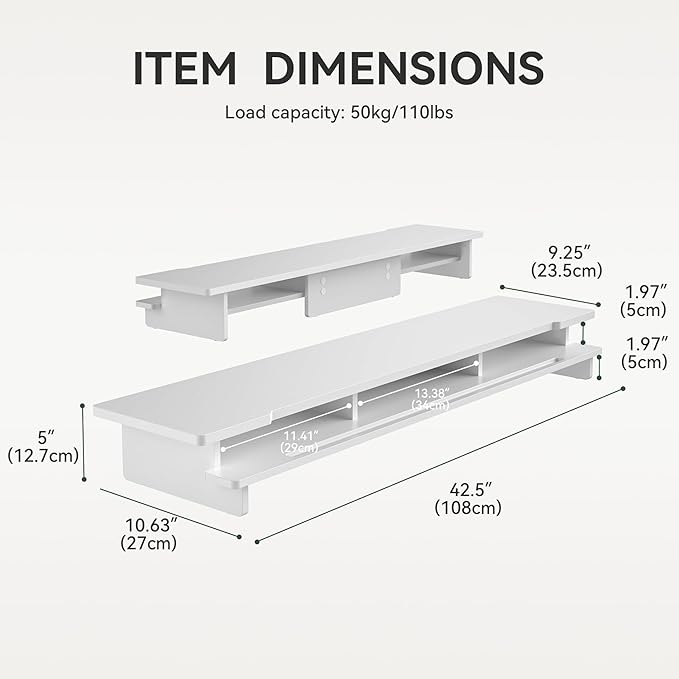 Monitor Stand Dual Monitor Stand Riser for Desk,Wood Desk Shelf Storage Organizer with Phone Tablet Holder (42.5 Inch, White)