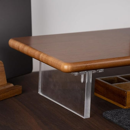 Bamboo Monitor Stand Riser with Acrylic Legs for Desk, 31.5 Inches Desktop Shelf Supports for PC Computer Monitor, Laptops, Printer, Speakers (Brown)