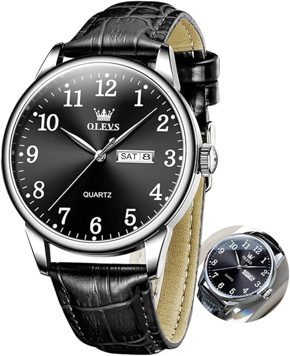 OLEVS Mens Watches Vintage Leather Band Dress Classic Easy Reader Arabic Numerals Analog Quartz Waterproof Date and Day Blue/Black/White Large Face Men's Wrist Watches