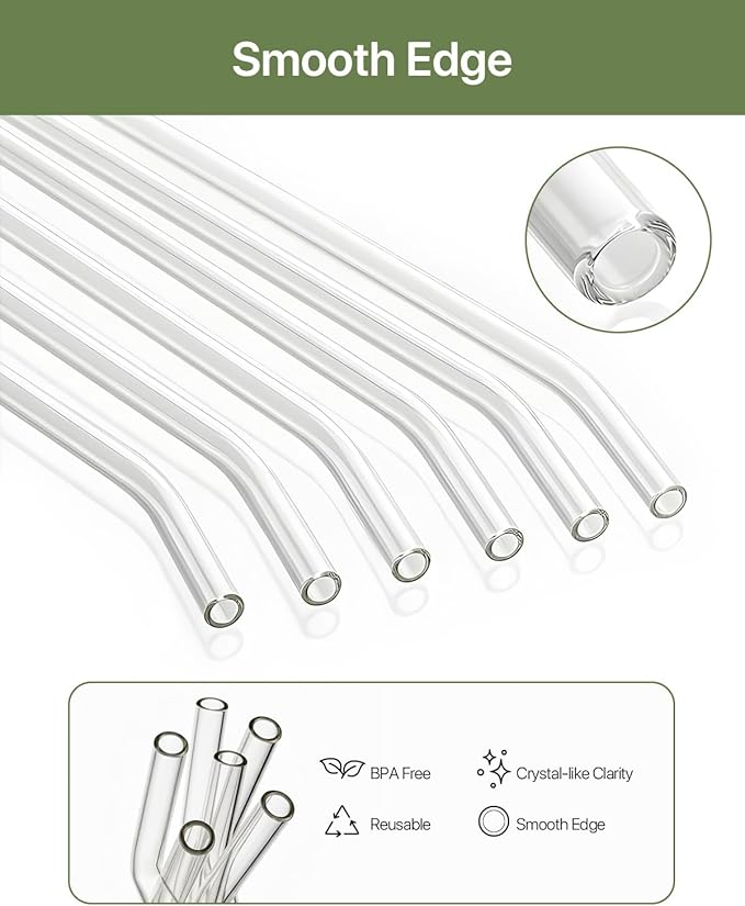 18-Pack Glass Straws, Reusable Clear Glass Drinking Straws Set, 8.5 Inch x 10mm - Includes 8 Straight and 6 Bent with 4 Straw Cleaner Brush, Perfect for Smoothies, Milkshakes, Juice, Tea