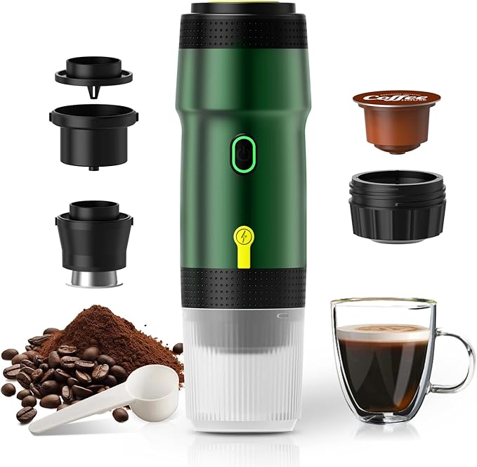 LumoShine Portable Electric Espresso Machine,Travel Coffee Maker for Camping,Car Coffee Maker Self-Heating with USB-DC, Compatible with Ground Coffee & Capsule for Hiking,Office,RV - Green