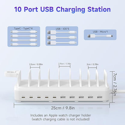320W Charging Station for Multiple Devices, 10 Ports Fast Multi-Device Charger Organizer Compatible with MacBook Pro Laptop, iPhone, Android, Ipad, Tablet, Kindle, Family Multi-Device Charging Dock