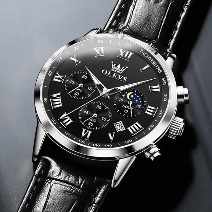 OLEVS Men's Leather Analog Quartz Watch - Luxury Chronograph Wristwatch With Date, Waterproof, Luminous - Dress Style