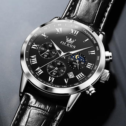 OLEVS Men's Leather Analog Quartz Watch - Luxury Chronograph Wristwatch With Date, Waterproof, Luminous - Dress Style