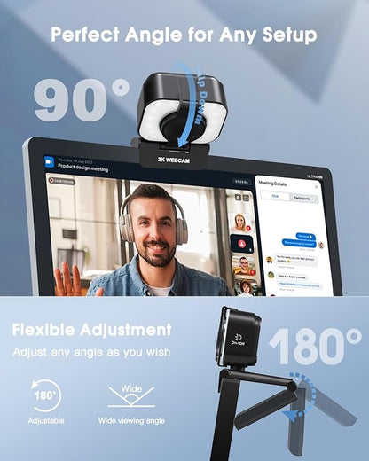 MELCAM 2K Webcam for PC, Web Camera with Microphone, Light, Privacy Cover, Plug and Play Autofocus USB Computer Camera for Laptop, Desktop, PC, Mac, Zoom, Skype, Meeting, Streaming(Black)