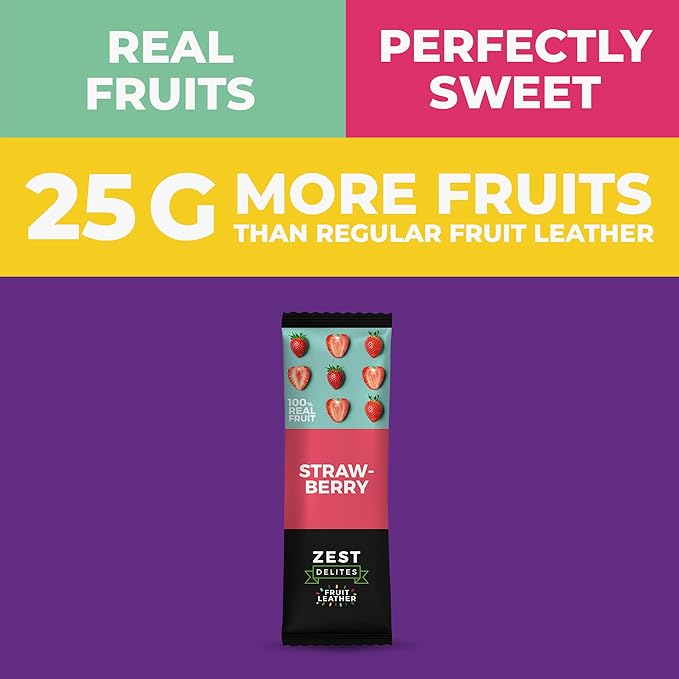 Dried Fruit Bars by Zest Delites, Fruit Leather Snacks, Strawberry Strips, Healthy Snacks Pack for Adults & Kids, Lavashak, Vegan, Apple-Based, Strawberry, 0.88 oz x 10