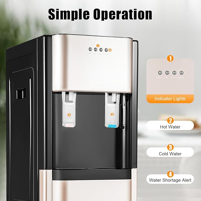 DYRABREST Bottom Loading Water Dispenser 5-Gallon Stainless Steel Water Cooler & Heater, Dual Temperature Floor Standing Electric Water Cooler with Heating and Cooling Functions (Gold)