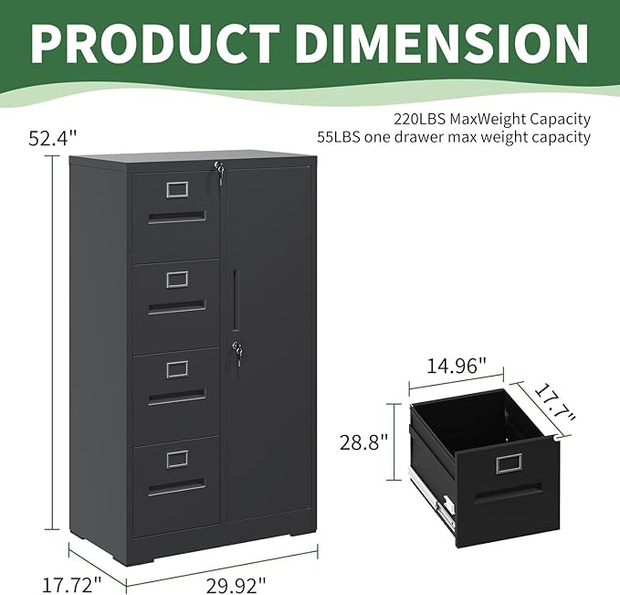 4-Drawer Vertical File Cabinet with Lock & 1 Door,File Cabinet with Storage Shelves for A4/Legal/Letter, Black, Assembly Required
