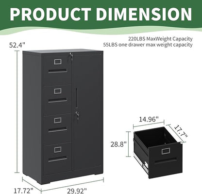4-Drawer Vertical File Cabinet with Lock & 1 Door,File Cabinet with Storage Shelves for A4/Legal/Letter, Black, Assembly Required