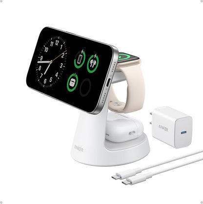 Anker MagSafe Charger Compatible, MagGo 3-in-1 Charging Station, Nano Charging Stand, Qi2 Certified 15W Magnetic Wireless Charger Dock, for iPhone17/16/15/14, Apple Watch,AirPods (Adapter Included)